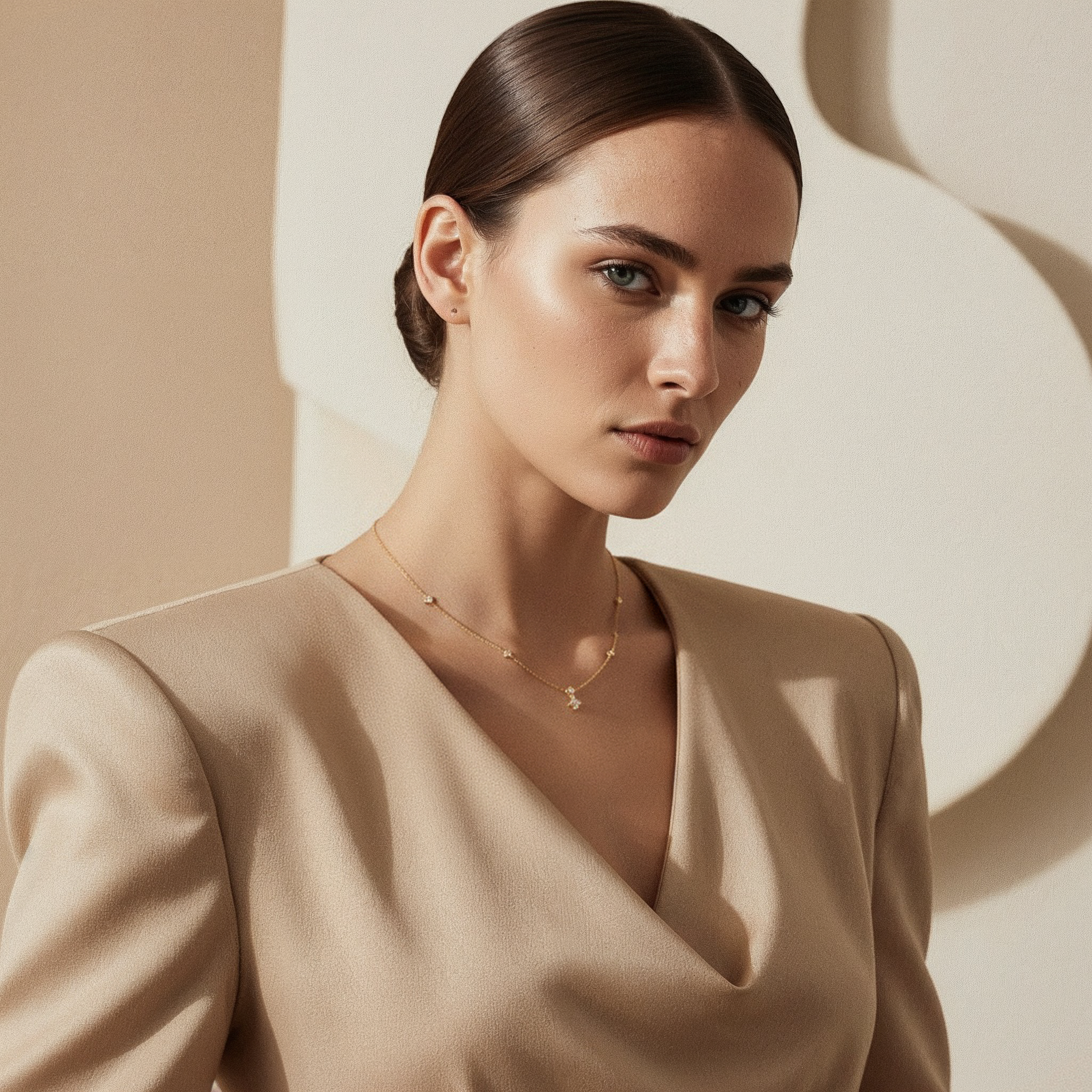 VÉORA, Swiss jewelry brand, 18k gold plated, 925 sterling silver, luxury aesthetic, timeless elegance, minimal chic, high fashion, beige neutral tones, natural warm light, elegant feminine style, premium quality, modern classic, soft studio lighting, delicate details, luxury Swiss design, fine jewelry, refined craftsmanship, elegant simplicity