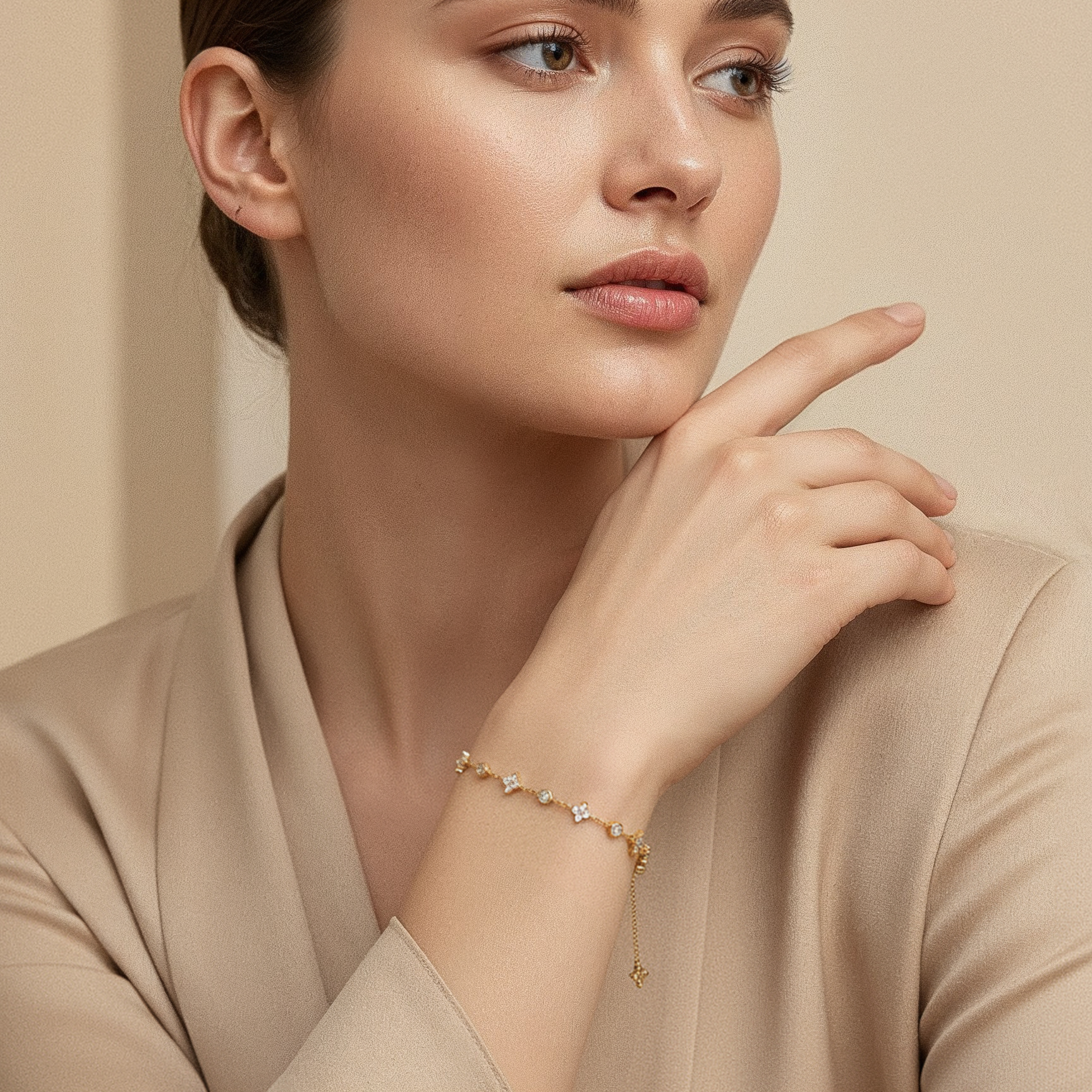 VÉORA, Swiss jewelry brand, 18k gold plated, 925 sterling silver, luxury aesthetic, timeless elegance, minimal chic, high fashion, beige neutral tones, natural warm light, elegant feminine style, premium quality, modern classic, soft studio lighting, delicate details, luxury Swiss design, fine jewelry, refined craftsmanship, elegant simplicity