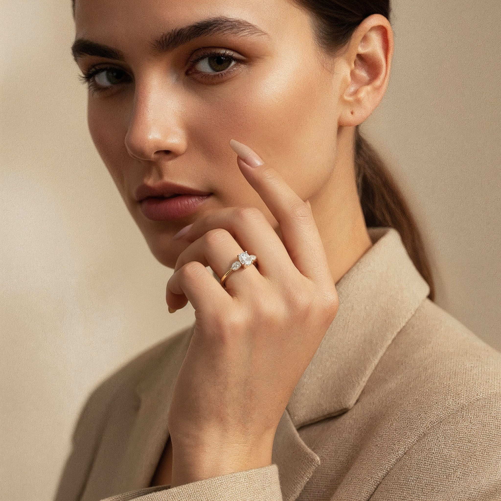 VÉORA, Swiss jewelry brand, 18k gold plated, 925 sterling silver, luxury aesthetic, timeless elegance, minimal chic, high fashion, beige neutral tones, natural warm light, elegant feminine style, premium quality, modern classic, soft studio lighting, delicate details, luxury Swiss design, fine jewelry, refined craftsmanship, elegant simplicity