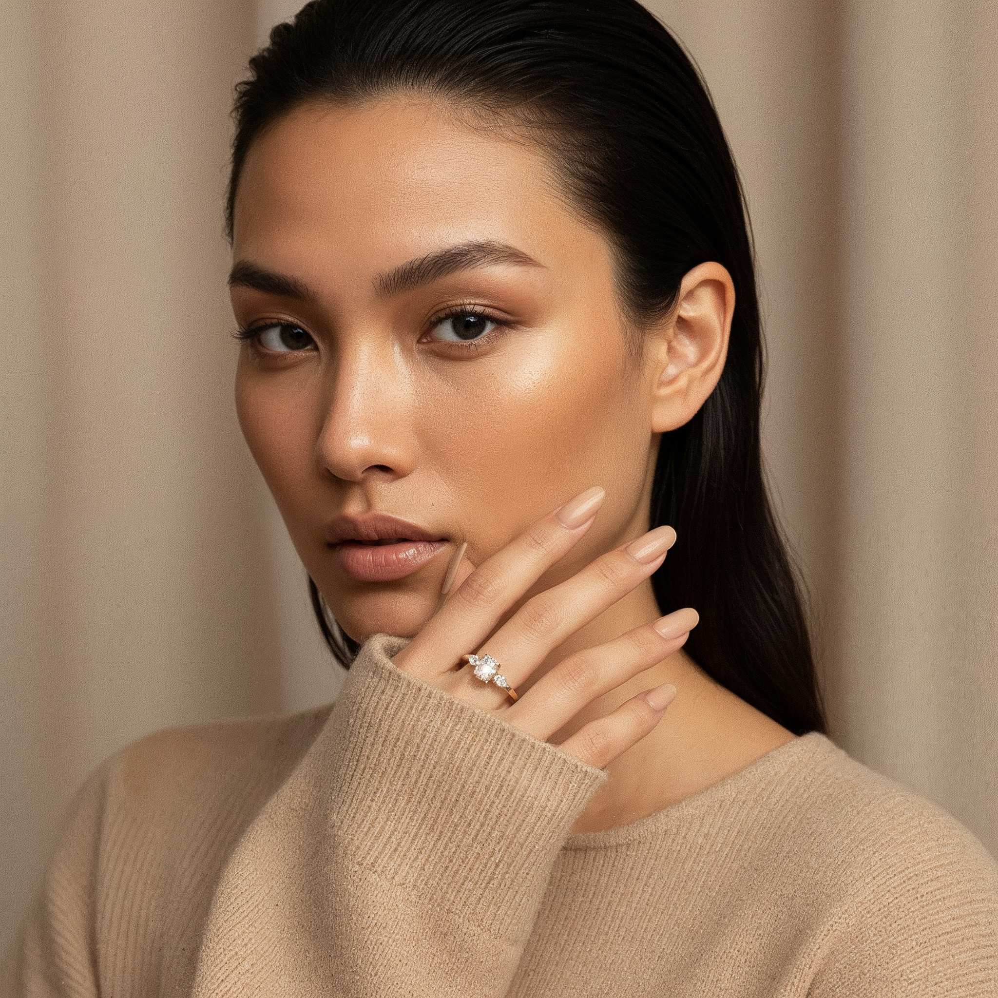 VÉORA, Swiss jewelry brand, 18k gold plated, 925 sterling silver, luxury aesthetic, timeless elegance, minimal chic, high fashion, beige neutral tones, natural warm light, elegant feminine style, premium quality, modern classic, soft studio lighting, delicate details, luxury Swiss design, fine jewelry, refined craftsmanship, elegant simplicity