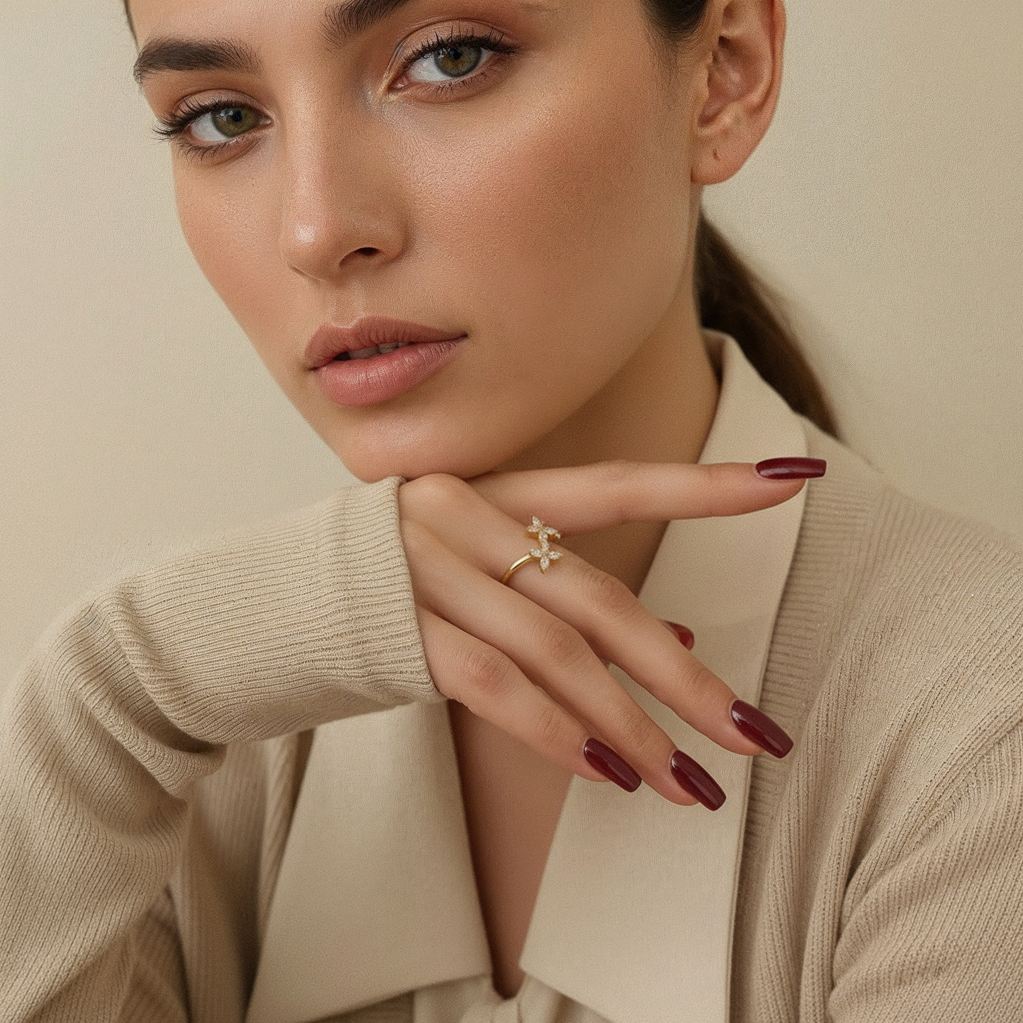 VÉORA, Swiss jewelry brand, 18k gold plated, 925 sterling silver, luxury aesthetic, timeless elegance, minimal chic, high fashion, beige neutral tones, natural warm light, elegant feminine style, premium quality, modern classic, soft studio lighting, delicate details, luxury Swiss design, fine jewelry, refined craftsmanship, elegant simplicity