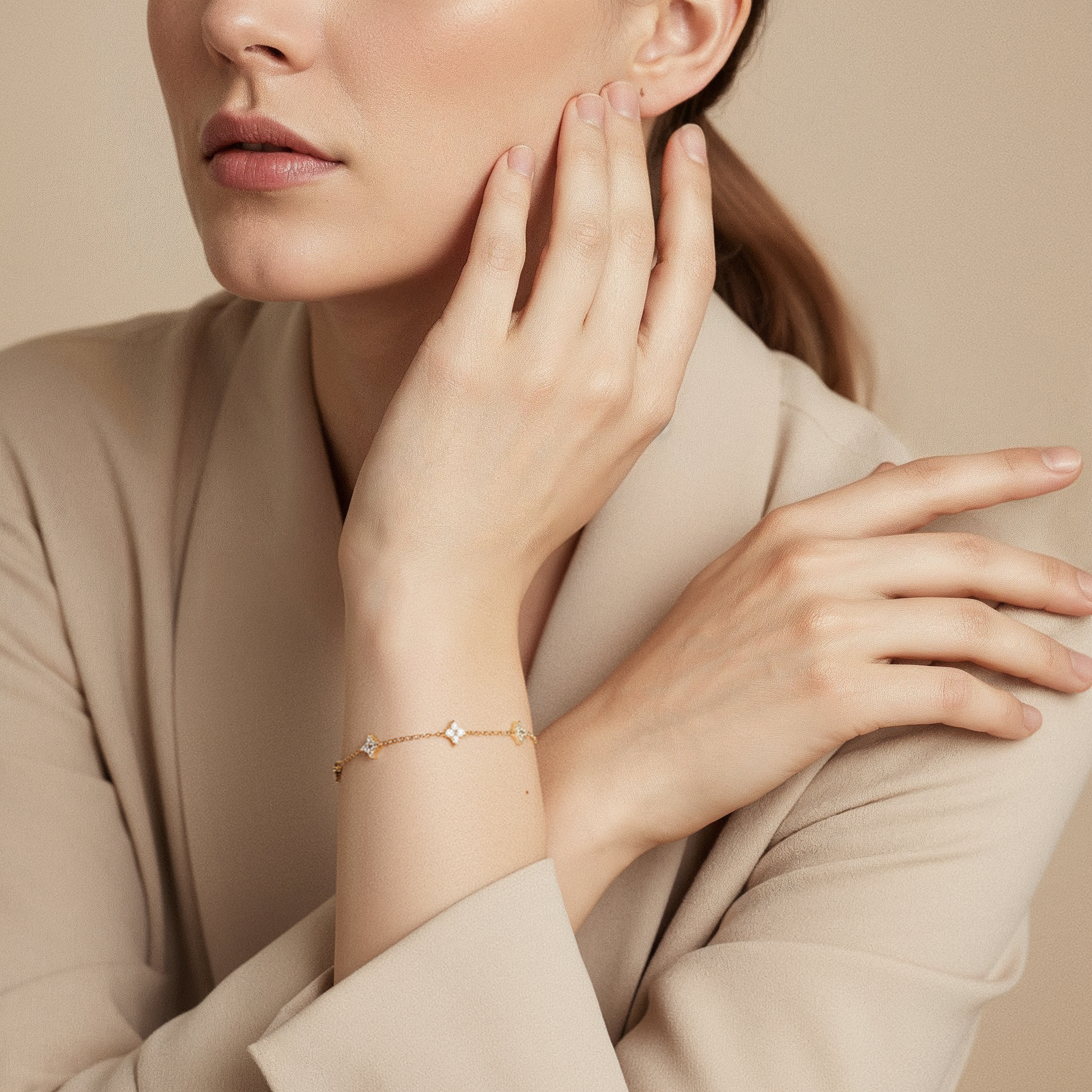 VÉORA, Swiss jewelry brand, 18k gold plated, 925 sterling silver, luxury aesthetic, timeless elegance, minimal chic, high fashion, beige neutral tones, natural warm light, elegant feminine style, premium quality, modern classic, soft studio lighting, delicate details, luxury Swiss design, fine jewelry, refined craftsmanship, elegant simplicity