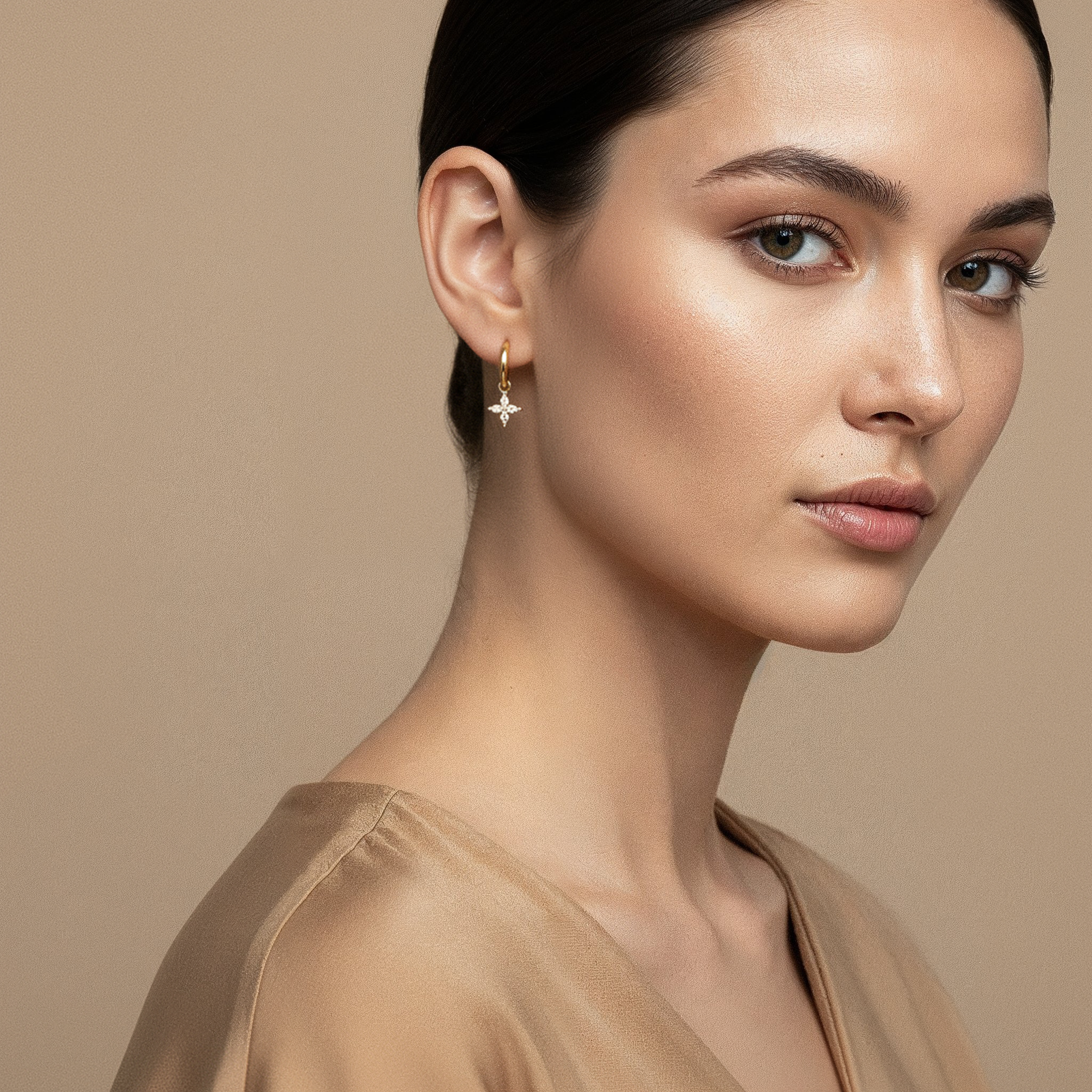 VÉORA, Swiss jewelry brand, 18k gold plated, 925 sterling silver, luxury aesthetic, timeless elegance, minimal chic, high fashion, beige neutral tones, natural warm light, elegant feminine style, premium quality, modern classic, soft studio lighting, delicate details, luxury Swiss design, fine jewelry, refined craftsmanship, elegant simplicity