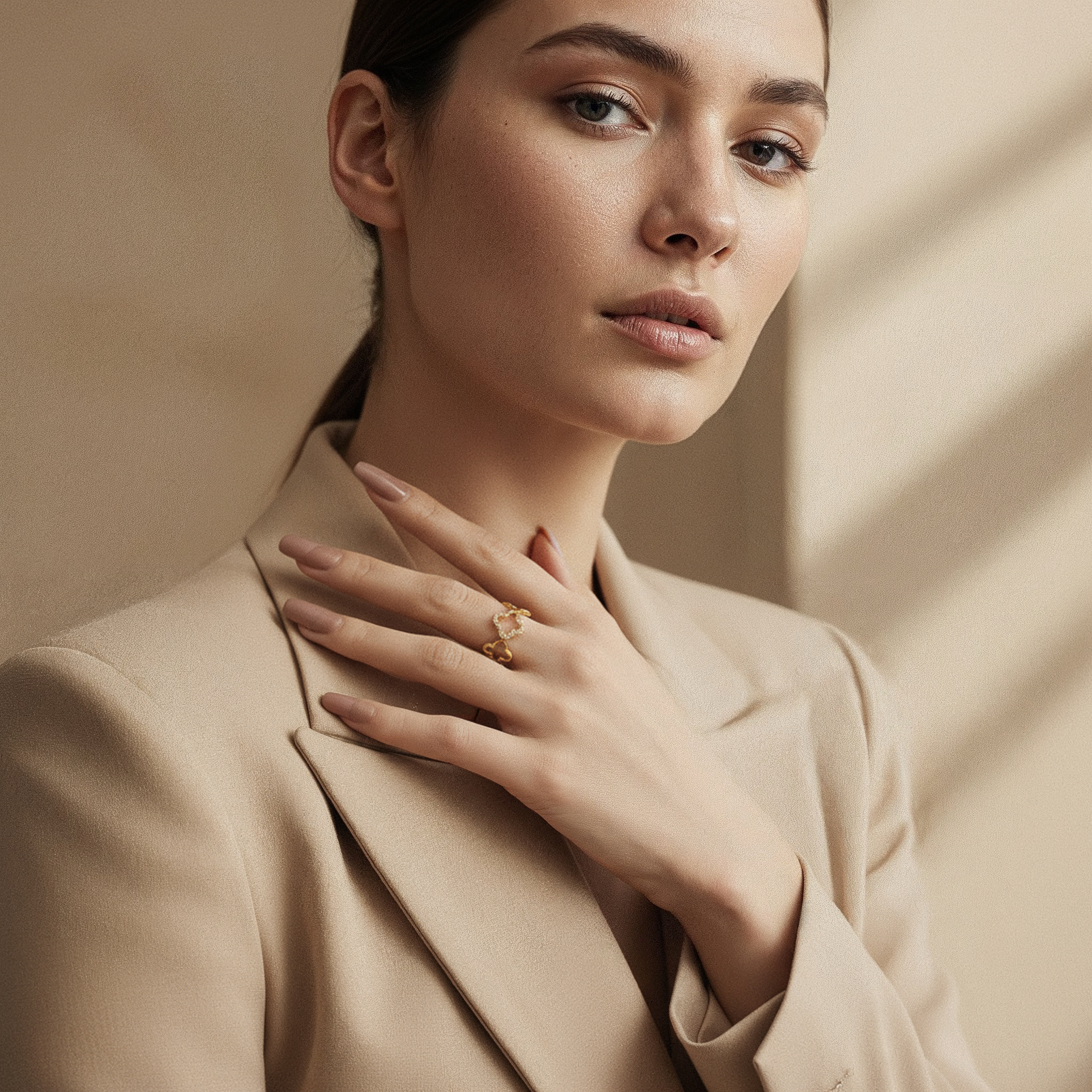 VÉORA, Swiss jewelry brand, 18k gold plated, 925 sterling silver, luxury aesthetic, timeless elegance, minimal chic, high fashion, beige neutral tones, natural warm light, elegant feminine style, premium quality, modern classic, soft studio lighting, delicate details, luxury Swiss design, fine jewelry, refined craftsmanship, elegant simplicity