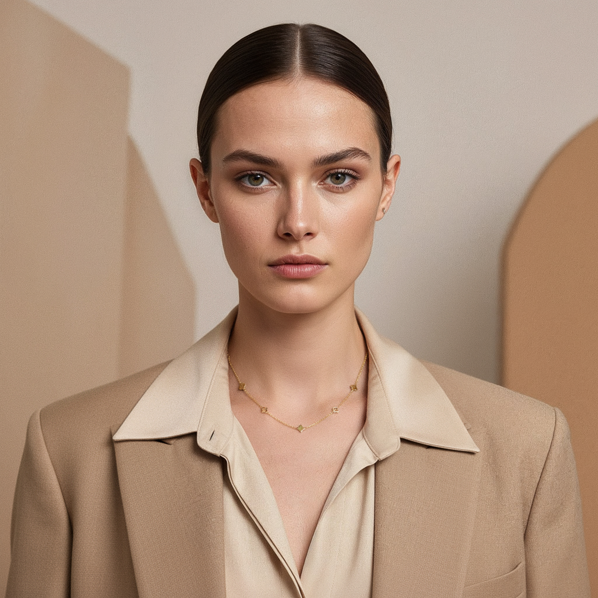 VÉORA, Swiss jewelry brand, 18k gold plated, 925 sterling silver, luxury aesthetic, timeless elegance, minimal chic, high fashion, beige neutral tones, natural warm light, elegant feminine style, premium quality, modern classic, soft studio lighting, delicate details, luxury Swiss design, fine jewelry, refined craftsmanship, elegant simplicity