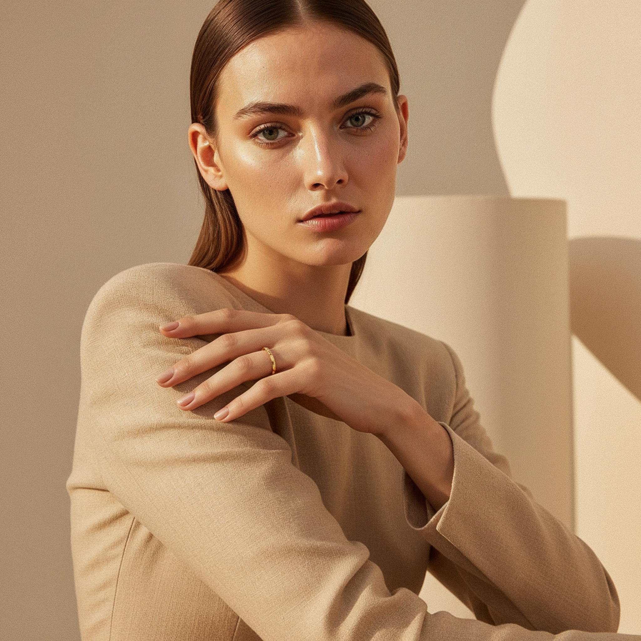 VÉORA, Swiss jewelry brand, 18k gold plated, 925 sterling silver, luxury aesthetic, timeless elegance, minimal chic, high fashion, beige neutral tones, natural warm light, elegant feminine style, premium quality, modern classic, soft studio lighting, delicate details, luxury Swiss design, fine jewelry, refined craftsmanship, elegant simplicity