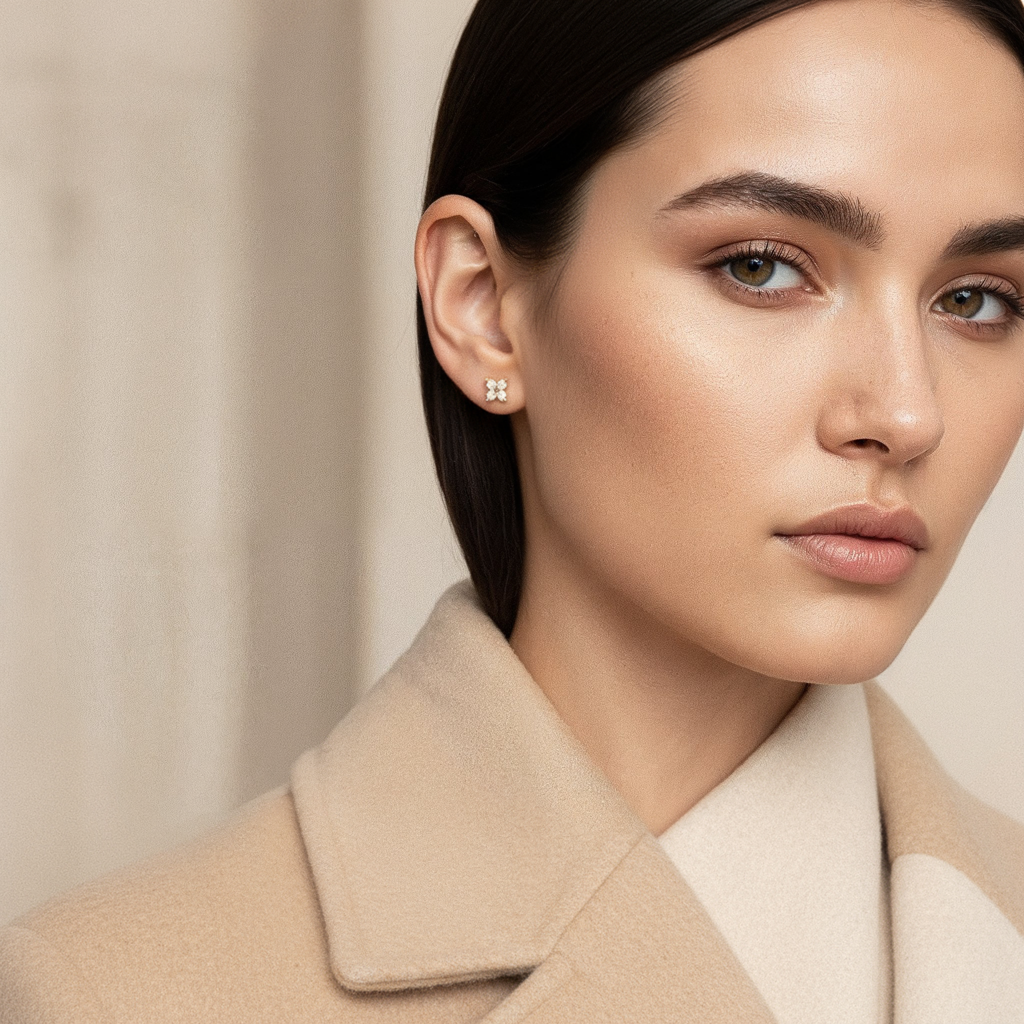 VÉORA, Swiss jewelry brand, 18k gold plated, 925 sterling silver, luxury aesthetic, timeless elegance, minimal chic, high fashion, beige neutral tones, natural warm light, elegant feminine style, premium quality, modern classic, soft studio lighting, delicate details, luxury Swiss design, fine jewelry, refined craftsmanship, elegant simplicity