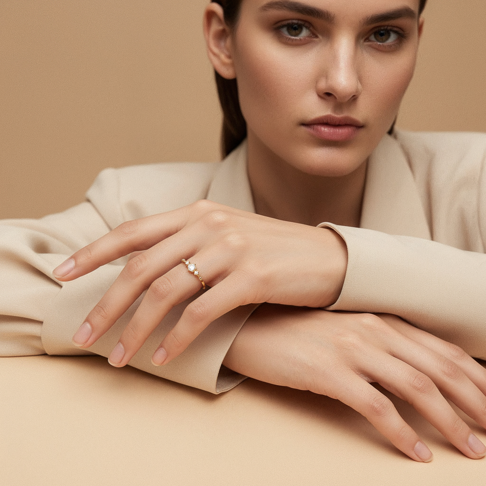 VÉORA, Swiss jewelry brand, 18k gold plated, 925 sterling silver, luxury aesthetic, timeless elegance, minimal chic, high fashion, beige neutral tones, natural warm light, elegant feminine style, premium quality, modern classic, soft studio lighting, delicate details, luxury Swiss design, fine jewelry, refined craftsmanship, elegant simplicity