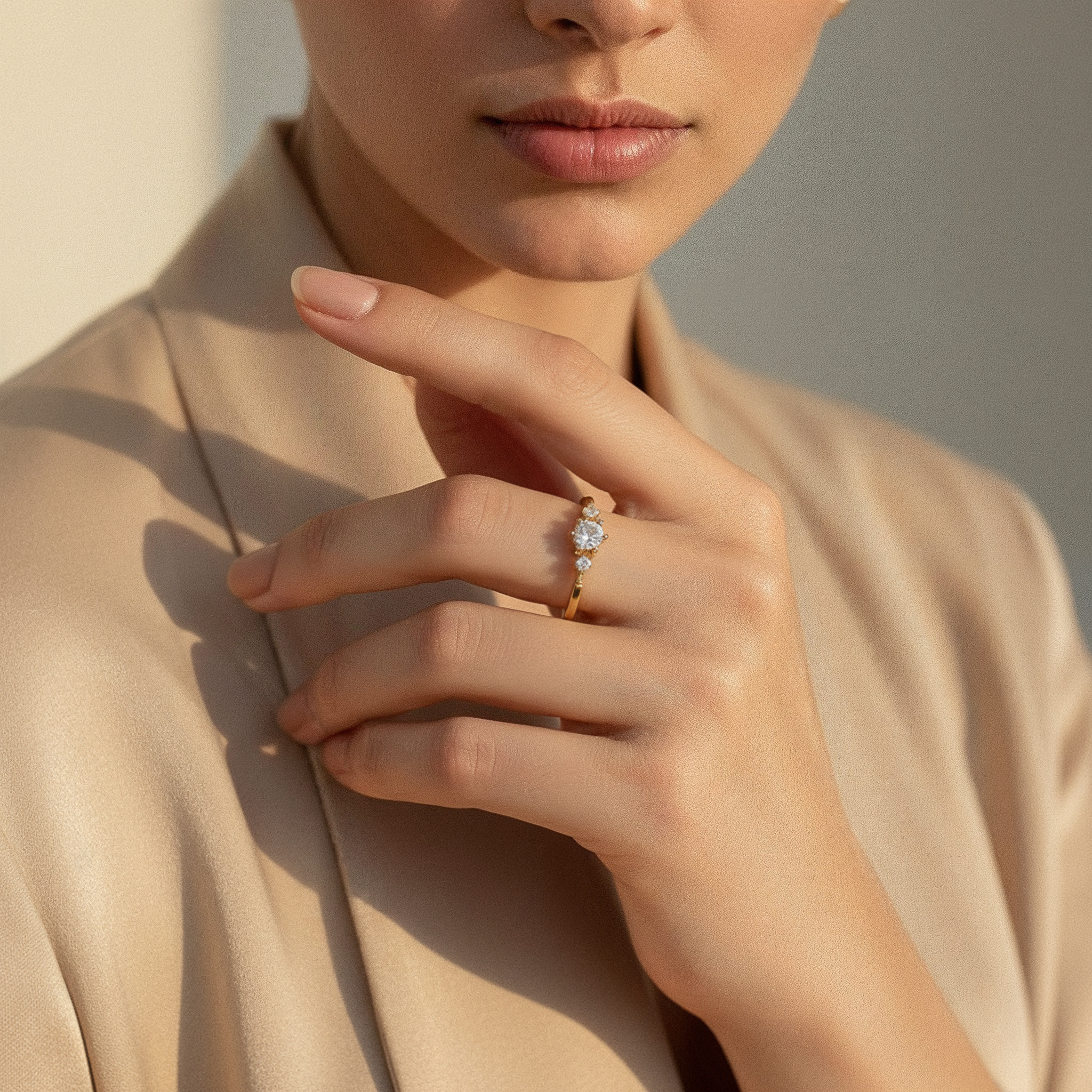 VÉORA, Swiss jewelry brand, 18k gold plated, 925 sterling silver, luxury aesthetic, timeless elegance, minimal chic, high fashion, beige neutral tones, natural warm light, elegant feminine style, premium quality, modern classic, soft studio lighting, delicate details, luxury Swiss design, fine jewelry, refined craftsmanship, elegant simplicity