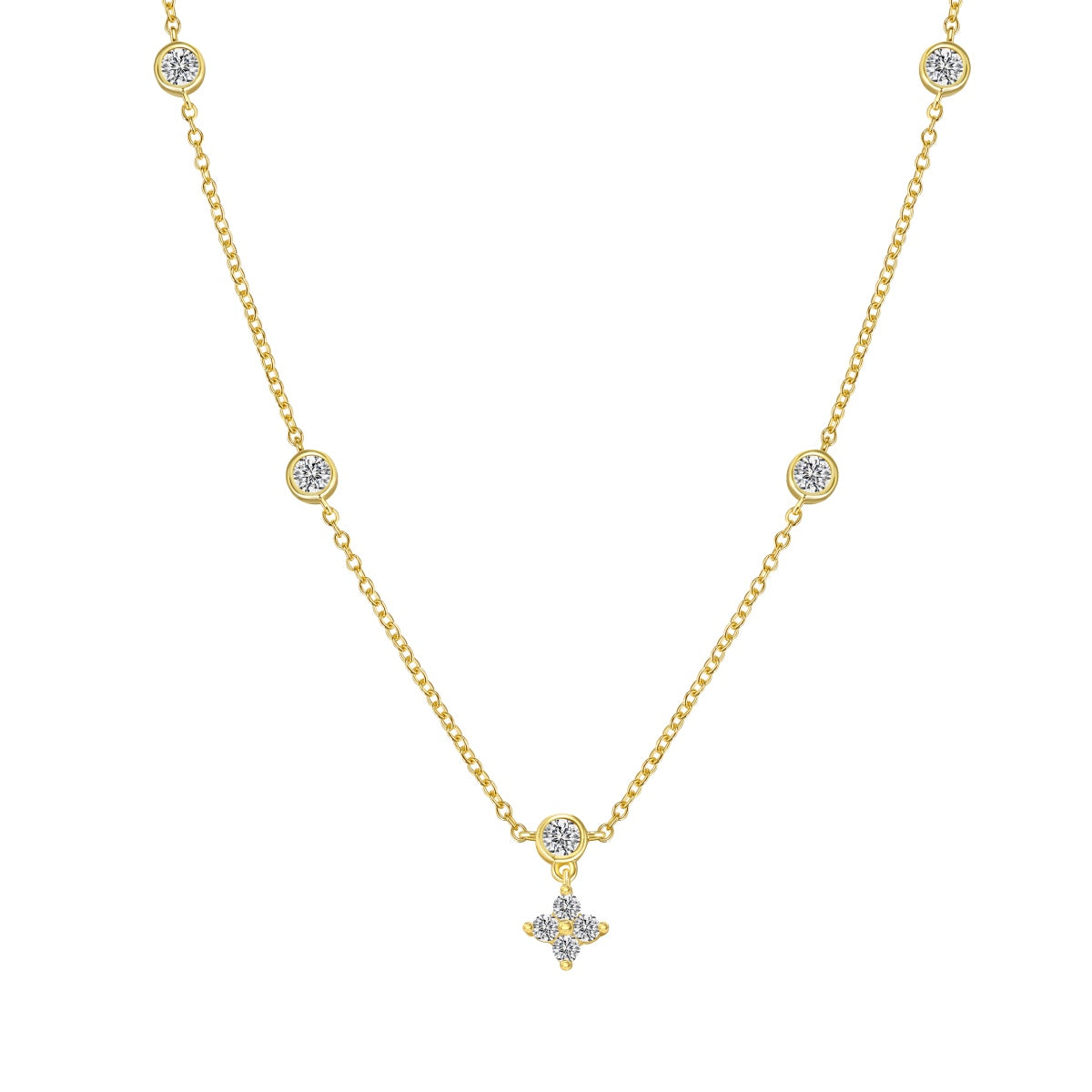 Goldene VÉORA-Halskette mit feinem Design – Frontansicht. Clair de Fleur Halskette von VÉORA – luxuriöser Schmuck aus 925 Silber mit 18K Vergoldung – Kollektion Fleur de Lumière Mid Summer 25 – fotografiert auf hellem Untergrund.