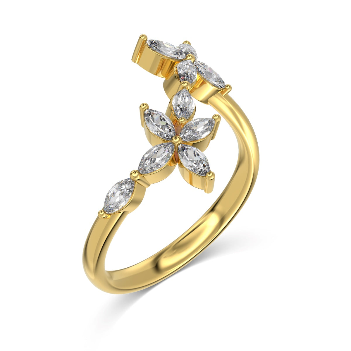 Jumelle Ring von VÉORA – luxuriöser Schmuck aus 925 Silber mit 18K Vergoldung – Kollektion Fleur de Lumière Mid Summer 25 – seitliche Perspektive des Schmuckstücks.