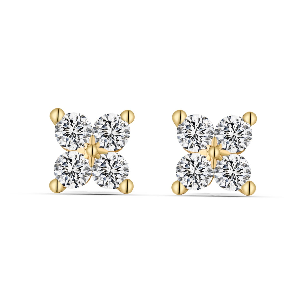 VÉORA Ohrstecker in Gold mit funkelnden weißen Steinen – Petite Fleur Ohrringe von VÉORA – luxuriöser Schmuck aus 925 Silber mit 18K Vergoldung – Kollektion Fleur de Lumière Mid Summer 25 – fotografiert auf hellem Untergrund.Frontansicht