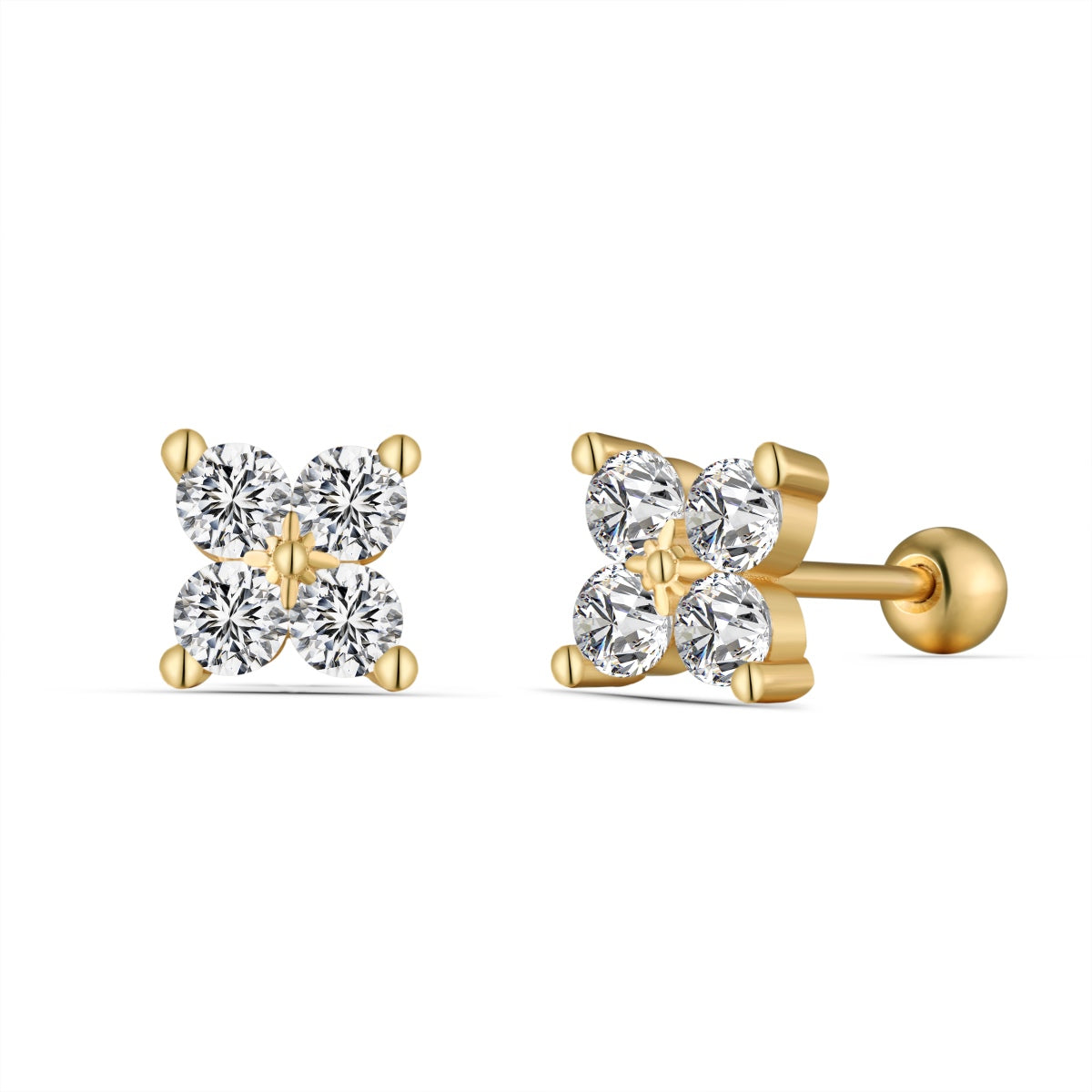 Elegante VÉORA Ohrstecker – goldene Basis mit weißen Zirkonia. Petite Fleur Ohrringe von VÉORA – luxuriöser Schmuck aus 925 Silber mit 18K Vergoldung – Kollektion Fleur de Lumière Mid Summer 25 – fotografiert auf hellem Untergrund.